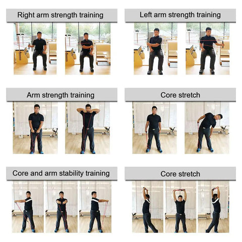 Man demonstrating exercises with Golf Swing Training Resistance Band Set for Home Practice, including arm and core positions.