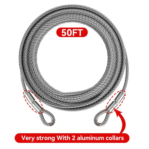 Beefy Heavy Duty Tow Cable With 2 Pick Thimble Eyes, 3/8 Inch 7x19 Steel Cable, 13980 Lbs Breaking Strength, 50 Feet, Corrosion Resistant, Aluminum Collars, Ready For Off Road Recovery And Heavy Towing