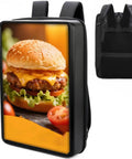 Wearable Street Advertising Backpack With Full HD LCD Screen And HDMI Ports For Hustle Ready Mobile Signage displaying a burger image.