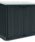 Store It Out Prime Outdoor Resin Storage Shed With Easy Lift Hinges 4.3 By 3.7 Ft black polypropylene with doors closed.