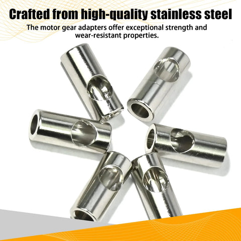 Six stainless steel motor gear adapter sleeves arranged in a circle, 3.175–5mm bore for RC cars