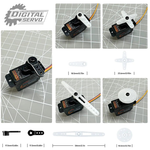 12G Metal Gear Digital RC Steering Servo Upgrade Kit For SCX24 With Horn Arm Two Pack showing different angles and measurements