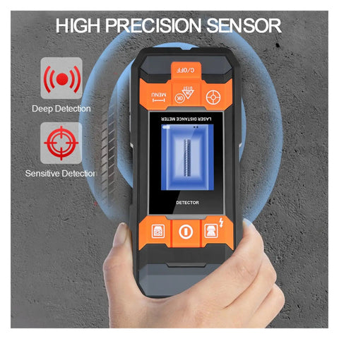 Close-up of the Beat The Guesswork Heavy Duty Stud Finder Wall Scanner Ac Wire And Copper Pipe Detector with screen showing detection.
