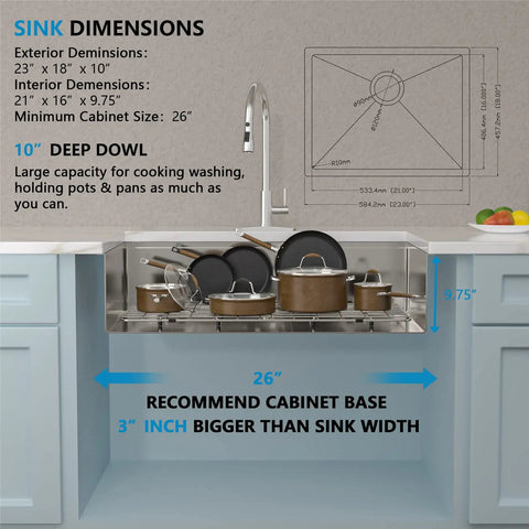 23 Inch Undermount Bar Sink Single Bowl 16 Gauge 304 Stainless Steel For Kitchen RV Wet Bar Prep with dimensions and pot capacity