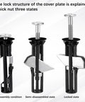Two Piece Toilet Seat Screws Replacement Kit With Heavy Duty Stainless Steel Bolts Nuts And Washers Universal Top Mount Toilet Seat Hardware Set For Quick Easy Repair And Durable Performance, showing three states of screw disassembly.