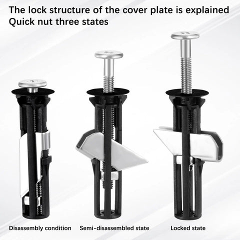 Two Piece Toilet Seat Screws Replacement Kit With Heavy Duty Stainless Steel Bolts Nuts And Washers Universal Top Mount Toilet Seat Hardware Set For Quick Easy Repair And Durable Performance, showing three states of screw disassembly.