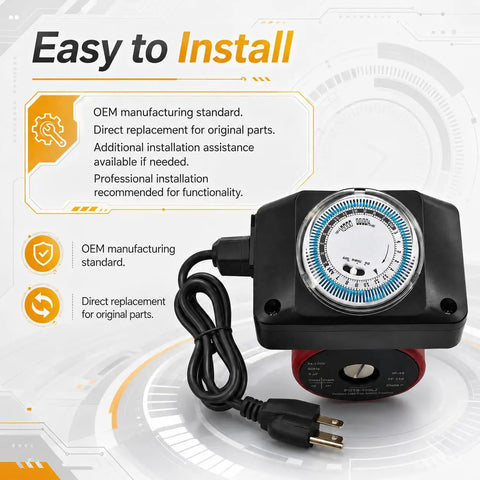 Say Bye To Cold Showers With This Plug And Play Water Circulator Swap Featuring No Sweat Install 115 Volt 1/25 Horsepower Hot Water Recirculating Pump Kit Includes Digital Timer And Six Foot Cord Compatible With Modern Plumbing. Image of the hot water pump with digital timer and power cord.