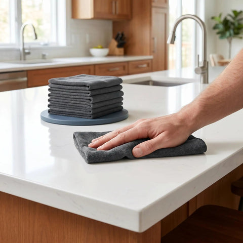 Person using Must-Have Thick Reusable Microfiber Cloths For Kitchen And Car, Lint Free And Streak Free, 16 By 12 Inch, 5 Pack on countertop