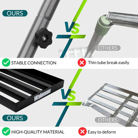Comparison of Beefy Lawn Leveling Rake With 7ft Steel Handle, highlighting stable connection and high-quality material vs competitors.