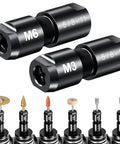2 Pack Angle Grinder To Die Grinder Adapter With 5/8-11 Thread, 1/4 Inch And 1/8 Inch Collets, shown with rotary burr heads
