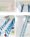 Heavy Duty Electric Attic Ladder With Built Tough Carbon Steel Construction And Remote Control For No Sweat Pulldown Loft Access And Smooth Retractable Ceiling Staircase, blue ring design, retracting into ceiling.
