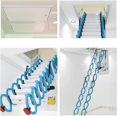 Heavy Duty Electric Attic Ladder With Built Tough Carbon Steel Construction And Remote Control For No Sweat Pulldown Loft Access And Smooth Retractable Ceiling Staircase, blue ring design, retracting into ceiling.