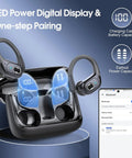 Long Battery Wireless Earbuds With 75 Hours Play Time showing LED power display and smartphone Bluetooth connection
