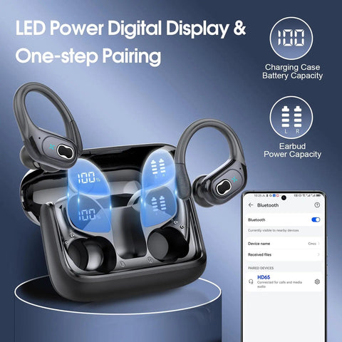 Long Battery Wireless Earbuds With 75 Hours Play Time showing LED power display and smartphone Bluetooth connection
