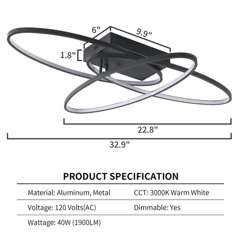 Three Ring Modern Low Profile Flush Mount LED Ceiling Light Dimmable 3000K Warm White 33 Inch Close To Ceiling Fixture specs