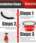 Installation steps for Paint Proof Magnetic Fire Sprinkler Head Covers 10 Pack Reusable Overspray Shields in red showing magnetic ring alignment.