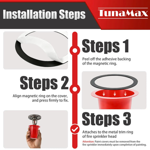 Installation steps for Paint Proof Magnetic Fire Sprinkler Head Covers 10 Pack Reusable Overspray Shields in red showing magnetic ring alignment.