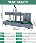 Heavy Duty Automatic Electromagnetic Induction Sealer For Plastic And Glass Bottles Seals 15 To 60mm Caps with details on dimensions and speed.