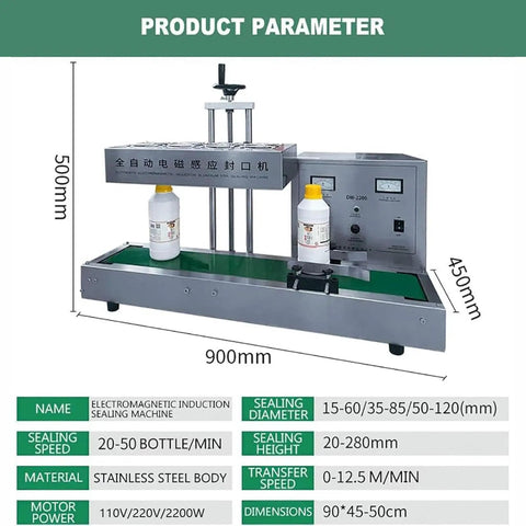 Heavy Duty Automatic Electromagnetic Induction Sealer For Plastic And Glass Bottles Seals 15 To 60mm Caps with details on dimensions and speed.