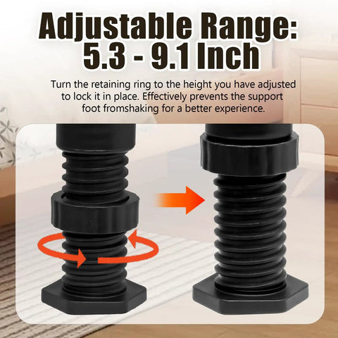 Guide on adjusting height from 5.3 to 9.1 inches for No Sweat Height Tweaks On Reliable Adjustable Bed Legs 4 Pack.