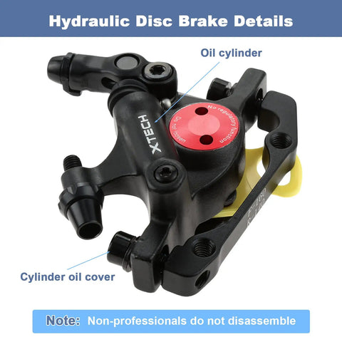 Close-up of Line Pull Hydraulic Disc Brake Calipers for Mountain Bikes and E Bikes showing oil cylinder details.