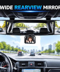Wide Angle Rearview Mirror With HD Convex Glass Kick Out Blind Spots Roll Clean On Interstate Heavy Duty Multi Panel Layout Zero Glare Vision Straight Upgrade For Cybertruck showing clear view and child in backseat.