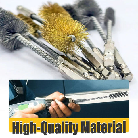 Eight Piece Bore Brush Set For Drills With 304 Stainless Steel And Brass Brushes One Quarter Inch Hex Shanks Fits Three Eighths Inch