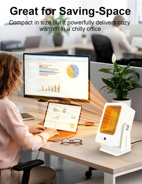Portable Indoor Space Heater That Heats Up Fast With 2 Second Rapid Heat From PTC Ceramic Tech 60 Degree Adjustable Angle Lightweight Personal Heater For Home Office Room Quiet Small Electric Heater White on desk in office setting.