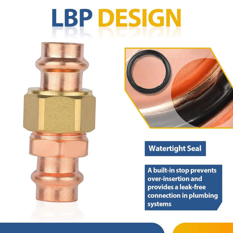Pro-Grade 1 Inch Copper Press Union Fittings Lead Free Pack Of 30 Heavy Duty 300 PSI Copper Couplers packaged with watertight seal detail.