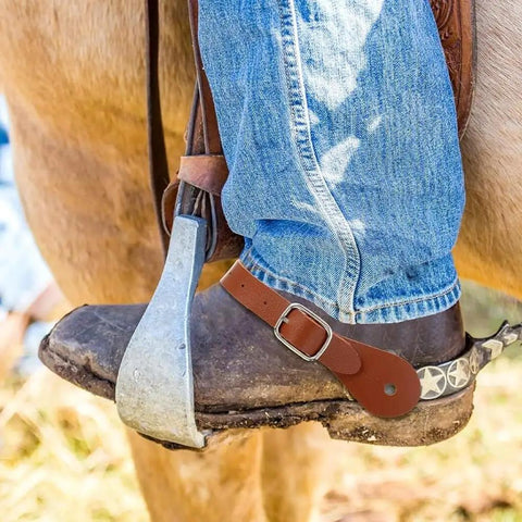 Premium Leather Spur Straps For Horse Riding on boot, adjustable retro western style with six holes, aluminum buckles, 2 pack