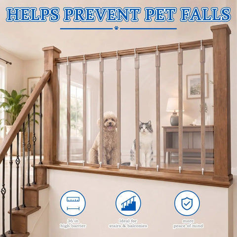 Gotta Keep Your Little Ones Safe With This Hella Clear Banister Guard And Pet Barrier For Balconies Stairs And Windows 16 Mil Thick transparent mesh blocking gaps with pets visible.