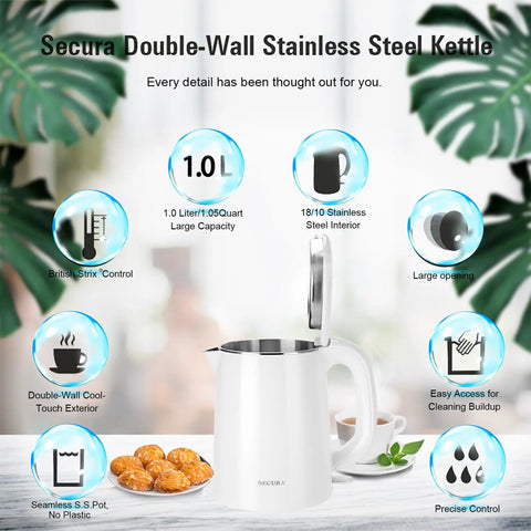 Stainless Steel Double Wall Electric Kettle 1.0L Cordless Tea And Coffee Kettle With Auto Shut Off And Boil Dry Protection