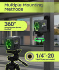 Mini Self-Leveling Green Laser Level for Picture Hanging and Construction, Cross Line Laser with Precise Level and Plumb, Includes Magnetic Rotating Stand and Batteries mounted on tripod and bracket