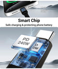 Close-up of 2-In-1 Holder Charger Cable With Stand, 240W PD Fast USB-C To USB-C And USB-C To Lightning Cable smart chip design.