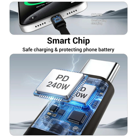 Close-up of 2-In-1 Holder Charger Cable With Stand, 240W PD Fast USB-C To USB-C And USB-C To Lightning Cable smart chip design.