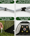 Assembly steps for Backyard Golf Practice Net Kit 10x7ft With 3in1 Turf Mat And Carry Bag Includes 5 Balls Tees Ground Stakes.
