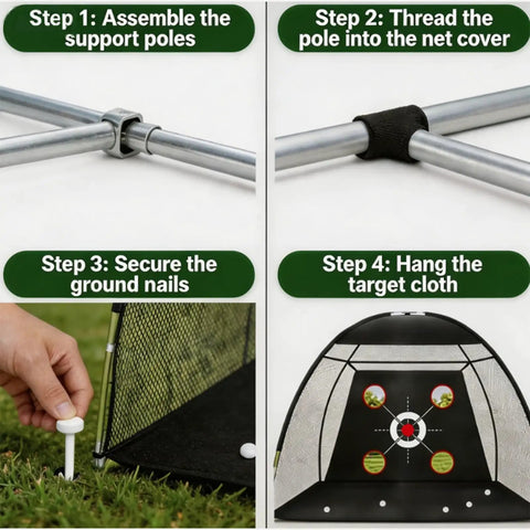 Assembly steps for Backyard Golf Practice Net Kit 10x7ft With 3in1 Turf Mat And Carry Bag Includes 5 Balls Tees Ground Stakes.