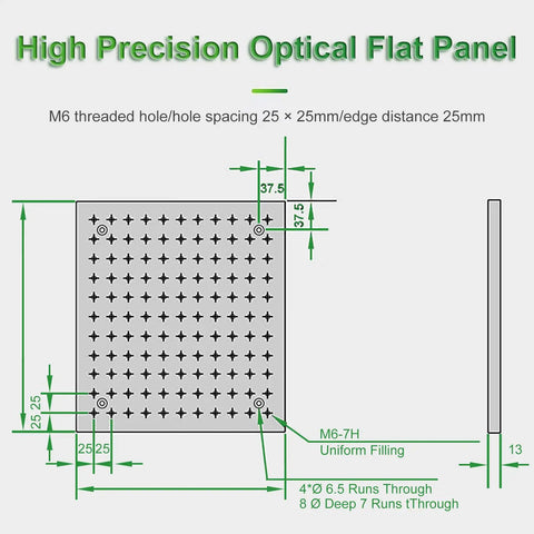 High Accuracy Optical Breadboard Plate With M6 Tapped Holes 150 X 150 mm 13 mm Thick Black Anodized Aluminum 6061 Precision 25 mm Grid Rugged Yet Precise For Optical Experiments Lab Workbenches And Tabletop Setups, showing diagram with M6 hole spacing details and side view showing 13 mm thickness.