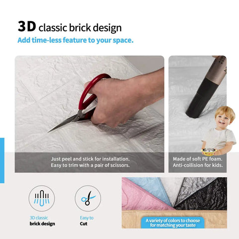 Close-up of cutting foam in 20 Pack 115 Sq Ft 3D Faux Brick Panels Peel And Stick White Wall Decor for DIY Renovation