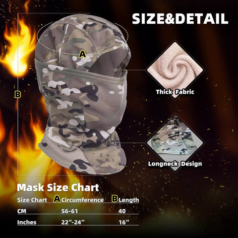 Camo Military Balaclava For Winter Outdoor Gear Cozy Warm Plush Face Mask Ski Mask For Hunting Fishing And Motorcycle Riding Windproof Unisex Elastic Fit All Day Comfort shown with size chart and fabric details.