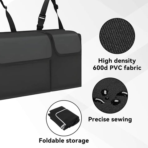 Car Trunk Organizer With Backseat Hanging Storage, showing high density 600d PVC fabric and foldable storage.