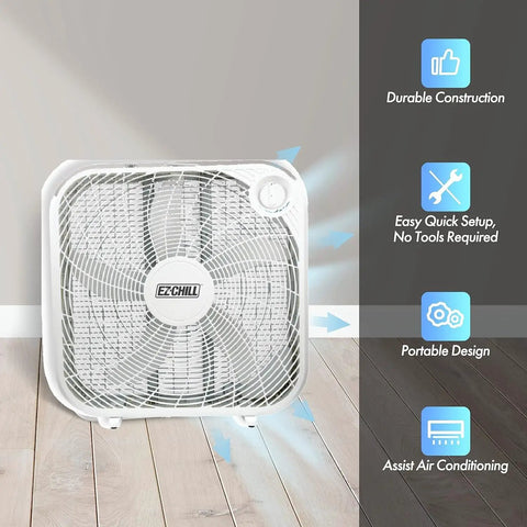 20 Inch Box Fan With 3 Speed Full Power Air Circulation For Window Or Floor Use In Bedroom, Home Or Office Safe Sturdy Design With Safety Grill Keeps You Cool