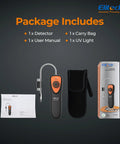 Front view: Elitech CLD-100 refrigerant leak detector with orange-black body; includes carry bag, user manual, UV light.