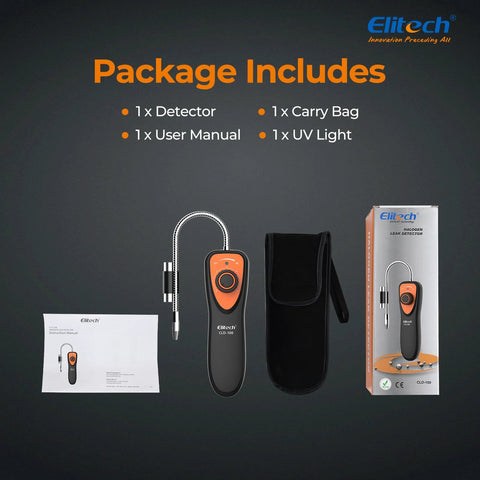 Front view: Elitech CLD-100 refrigerant leak detector with orange-black body; includes carry bag, user manual, UV light.