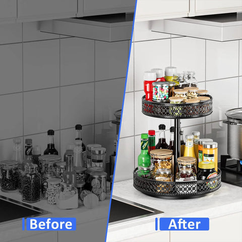 Two-tier black metal Lazy Susan organizer on kitchen counter with 12-inch rotating turntable and spice jars.
