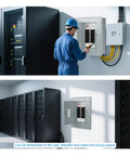 Man inspecting Built Different 12 Space 125A Main Lug Load Center With 120V 240V Circuit Breaker Panel Indoor Steel Enclosure.
