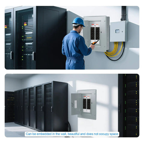 Man inspecting Built Different 12 Space 125A Main Lug Load Center With 120V 240V Circuit Breaker Panel Indoor Steel Enclosure.