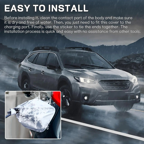 Heavy Duty Universal EV Charger Plug Port Cover on vehicle in rain, waterproof protection bag keeps charging plugs dry and secure.