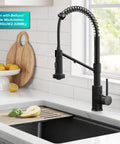 KRAUS Bolden 2-in-1 Pull Down Kitchen Faucet with Integrated Water Filter Tap for Reverse Osmosis or Water Filtration System in Matte Black/Spot-Free Black Stainless Steel, KFF-1610MBSFSB installed in modern kitchen with workstation sink