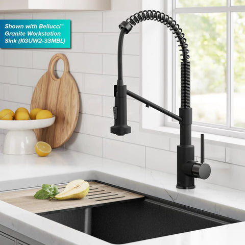 KRAUS Bolden 2-in-1 Pull Down Kitchen Faucet with Integrated Water Filter Tap for Reverse Osmosis or Water Filtration System in Matte Black/Spot-Free Black Stainless Steel, KFF-1610MBSFSB installed in modern kitchen with workstation sink
